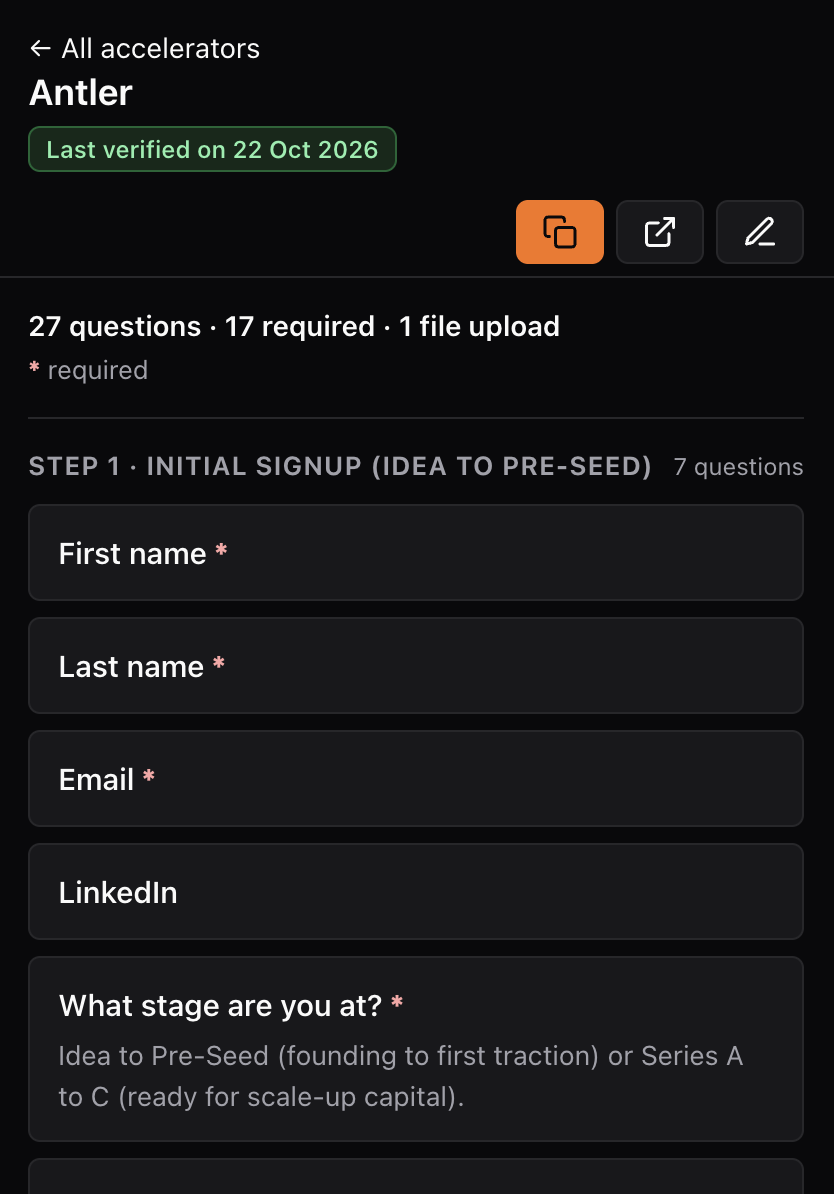 The PreApply panel listing Antler's application questions, step by step, with required questions marked.